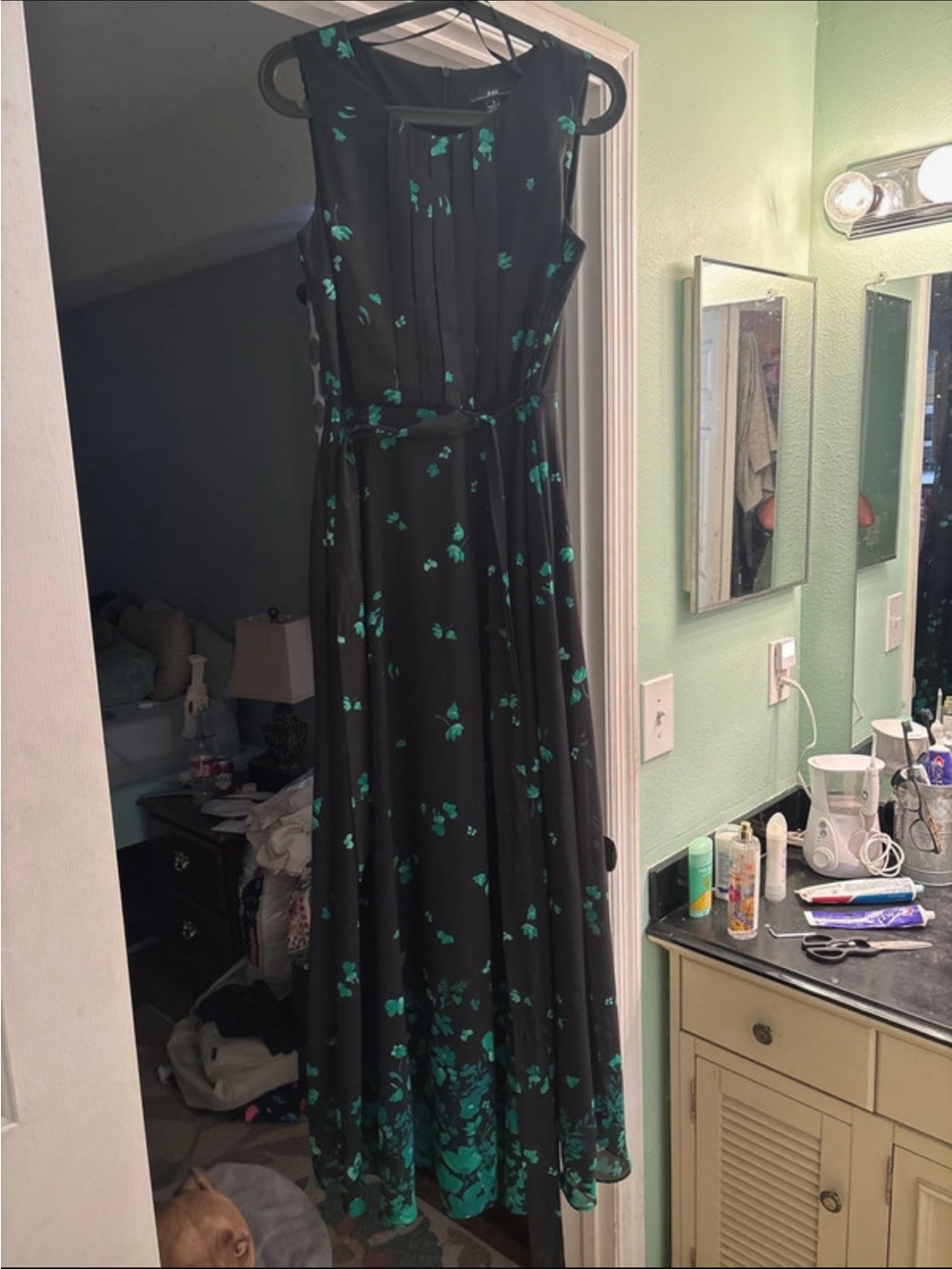 R&K Black Maxi Dress with Green Floral Accents